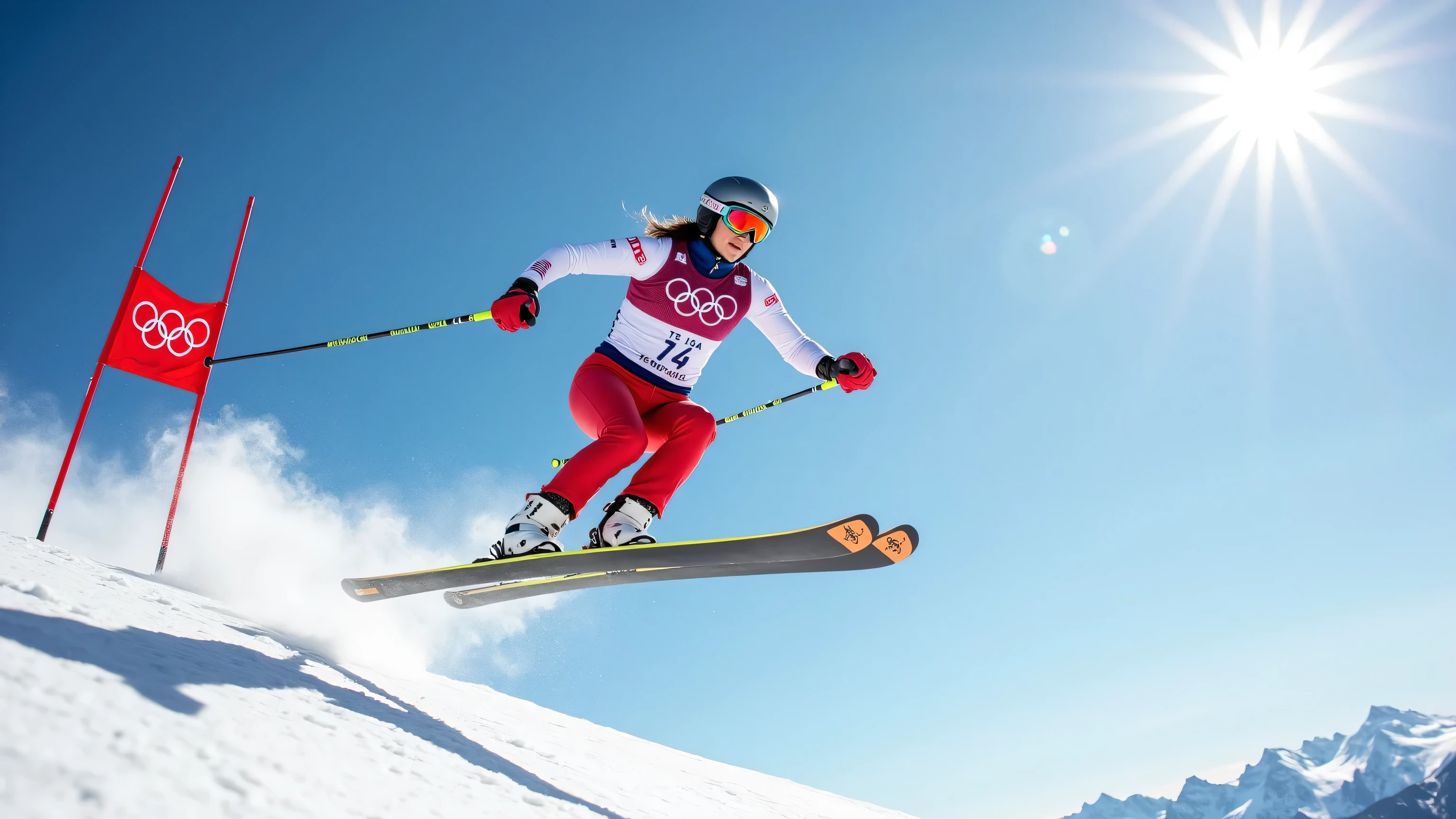 award-winning photo on a beautiful Team USA downhill skier who has just gone airborne as she races down the mountain, with the olympic rings in the background, masterpiece, photorealism, best quality. 