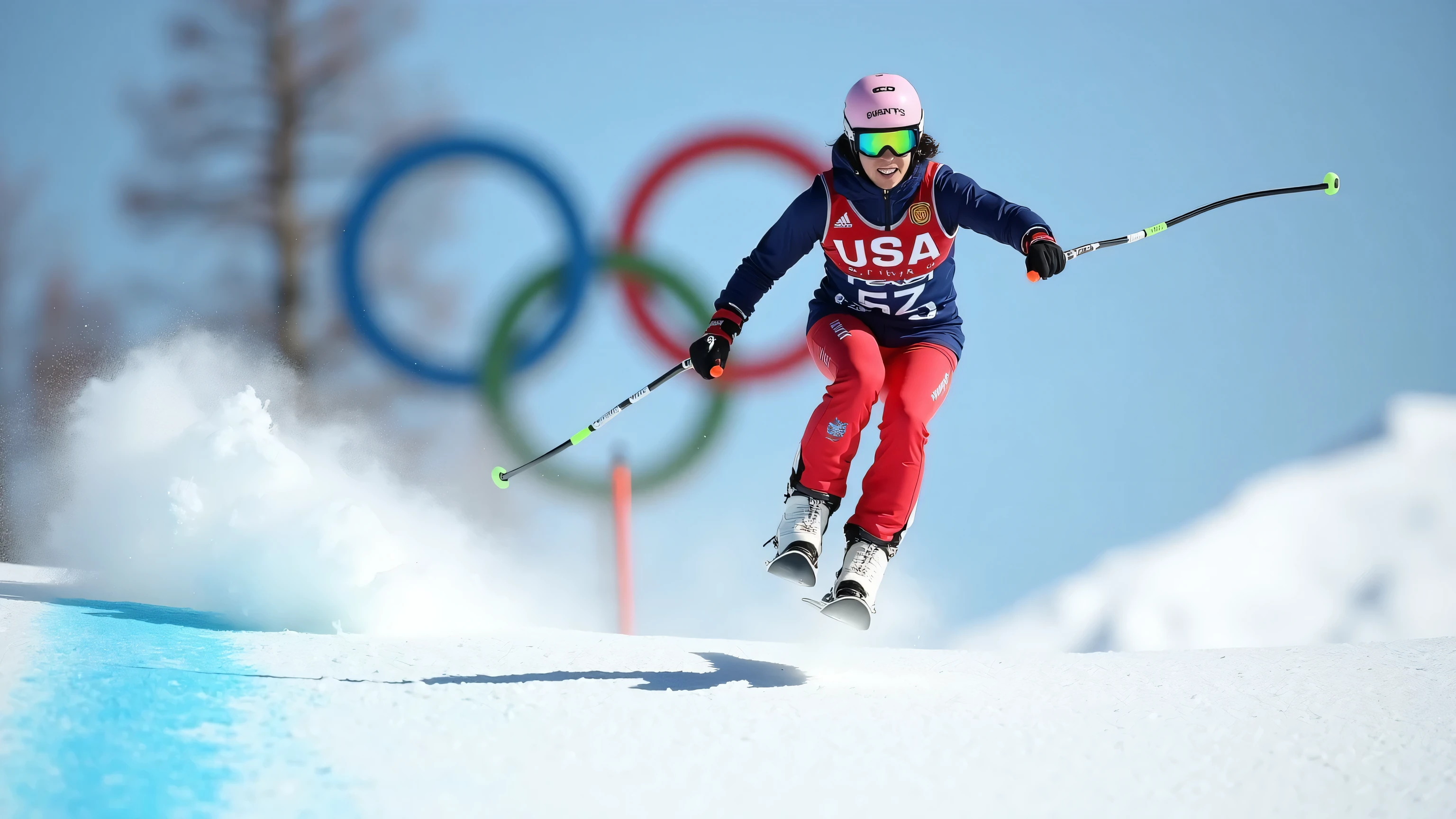 award-winning photo on a beautiful Team USA downhill skier who has just gone airborne as she races down the mountain, with the olympic rings in the background, masterpiece, photorealism, best quality. 