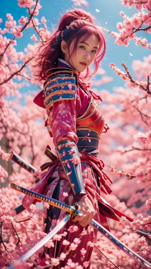  Sexy female character wearing red armor as a warrior from the Sengoku period 、((very short hair))、((Hot pink hair))、((toned body))、(glistening skin)、 ( embarrassed smile ,  your expression when you feel intense caress,  Expression When Feeling Pleasure)、 toned body、((huge breasts sagging breasts))、Big Breasts、 plump thighs、 The pink armor with a plum blossom pattern engraved on it is a bikini type and is designed to emphasize chest exposure、(  wearing a plum blossom patterned cape )、peplum skirt、Red shin guard with plum blossom engraved on it 、Pink high-leg underwear 、Red tights 、 absolute domain、Inverted skirt、((sword fighting)) 、((intense angle))、((holding katana))、Draw your sword、Iai、Dramatic lighting、((Clear Sky Thunderbolt))、(( Plum blossoms in full bloom in the background ))、(( Large plum blossoms in full bloom on the front ))、 cinema-like scene  、 Max Image、 Ultra High Definition、8k、masterpiece、