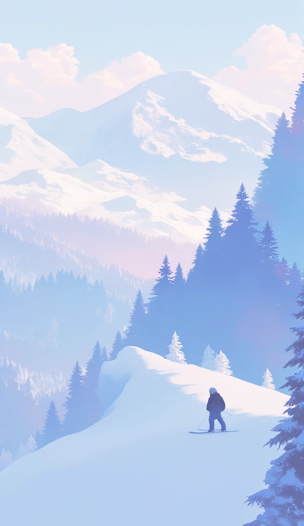 A serene, minimalistic winter landscape featuring a skier gliding down a snowy mountain in the foreground. The scene is rendered in soft, overlapping silhouettes with cool tones like icy blues and whites, accented with gentle gradients to create depth and a tranquil atmosphere. The sunlight glows softly, casting subtle highlights on the snow without overpowering the cool palette. The background showcases layers of snow-covered mountains and trees, with faint clouds to add texture. The style remains minimal but not flat, with a focus on capturing the dynamic motion of the skier and the crisp, cold ambiance.