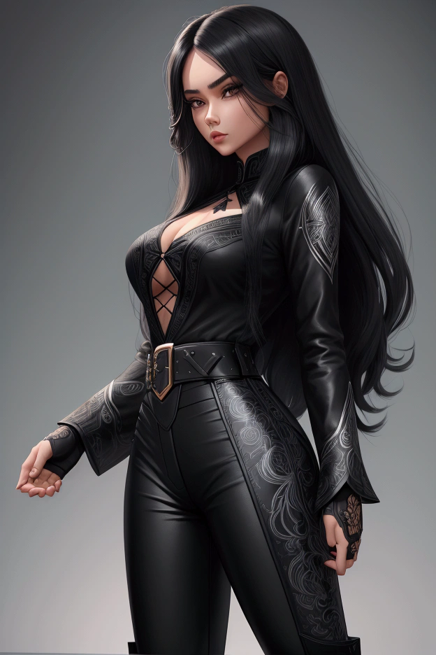 1girl, artist name, black footwear, black gloves, black hair, black pants, boots, breasts, corset, earrings, gloves, hand on hip, jewelry, long hair, long sleeves, looking at viewer, pants, simple background, standing, wavy hair

