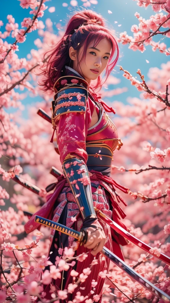  Sexy female character wearing red armor as a warrior from the Sengoku period 、((very short hair))、((Hot pink hair))、((toned body))、(glistening skin)、 ( embarrassed smile ,  your expression when you feel intense caress,  Expression When Feeling Pleasure)、 toned body、((huge breasts sagging breasts))、Big Breasts、 plump thighs、 The pink armor with a plum blossom pattern engraved on it is a bikini type and is designed to emphasize chest exposure、(  wearing a plum blossom patterned cape )、peplum skirt、Red shin guard with plum blossom engraved on it 、Pink high-leg underwear 、Red tights 、 absolute domain、Inverted skirt、((sword fighting)) 、((holding katana))、Draw your sword、Iai、Dramatic lighting、((Clear Sky Thunderbolt))、(( Plum blossoms in full bloom in the background ))、(( Large plum blossoms in full bloom on the front ))、 cinema-like scene  、 Max Image、 Ultra High Definition、8k、masterpiece、