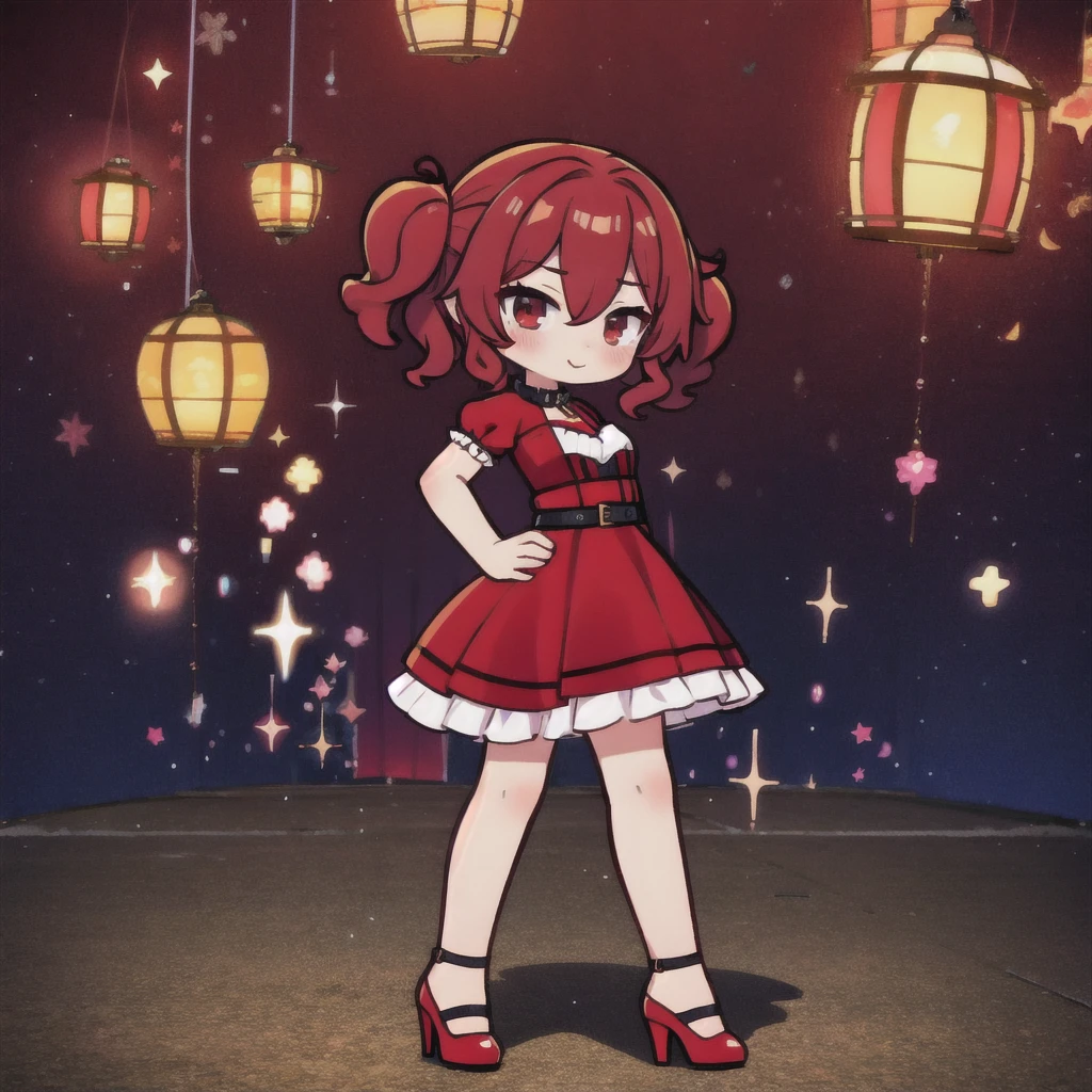  short fibers, Curly hair, Red dress, fitting dress, Short dress, High heel shoes, sexy poses, Friday Night Funkin Girl , not looking at the viewer, standing straight , Hands on the back side , 4 pose character view