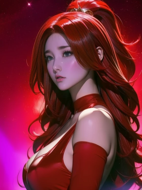 1girl, ahri, kda, ahri league of legends, star eye, blush, perfect illumination, red hair, red eyes, unreal engine, sidelighting, detailed face, bangs, bright skin, simple background, dark background, 