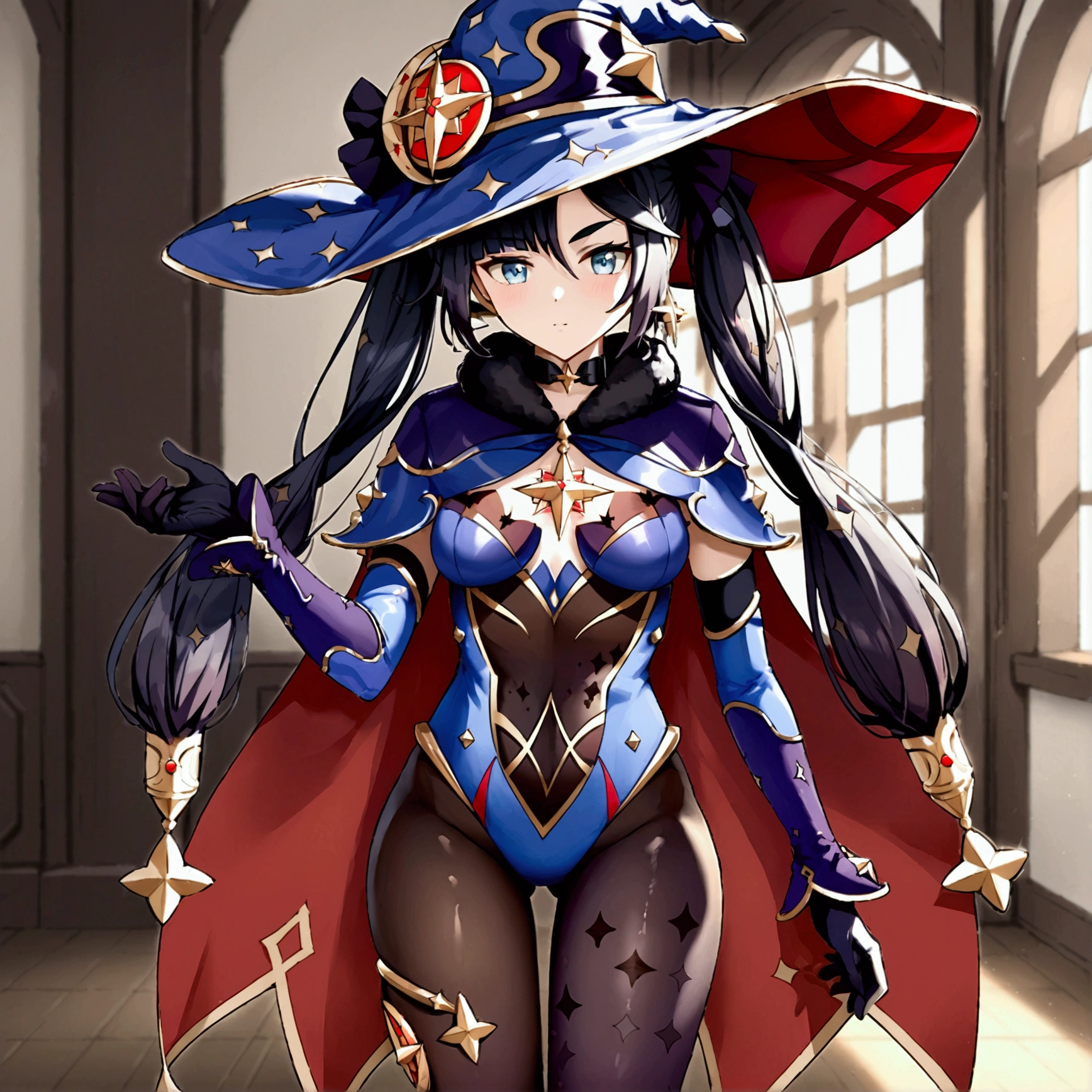 m0n4, long hair, black hair, twin tails, bangs, blue eyes, witch hat, pantyhose, choker, blue leotard, black gloves, detached sleeves, cape, stand, Confident pose, Room, Displeased face, Beautiful view, good atmosphere, Thigh