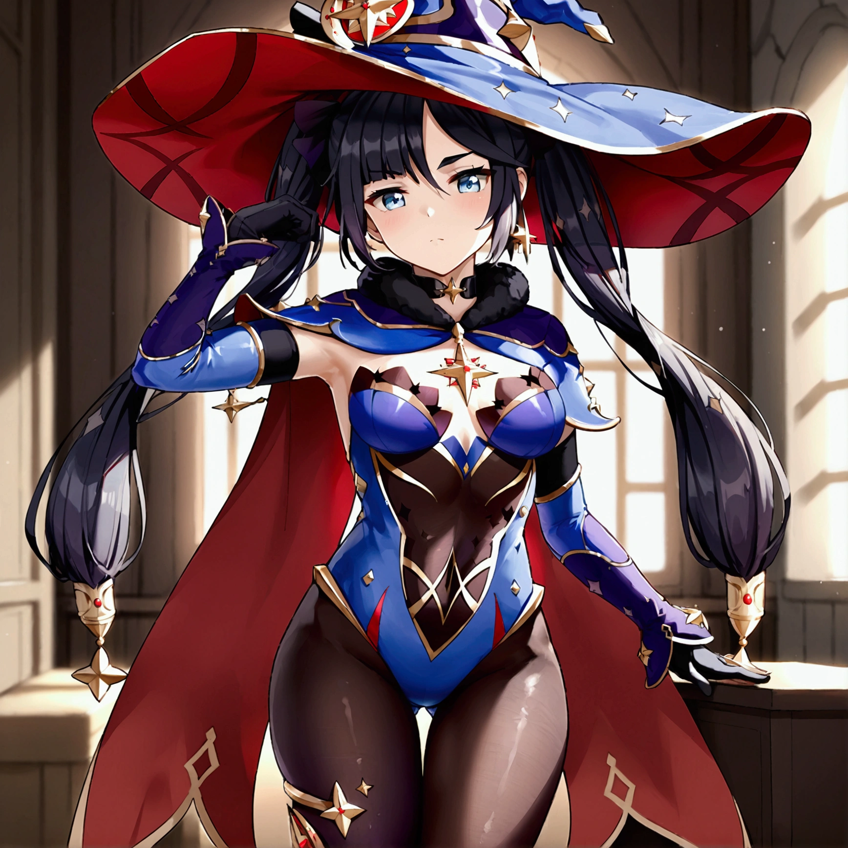 m0n4, long hair, black hair, twin tails, bangs, blue eyes, witch hat, pantyhose, choker, blue leotard, black gloves, detached sleeves, cape, stand, Confident pose, Room, Displeased face, Beautiful view, good atmosphere, Thigh