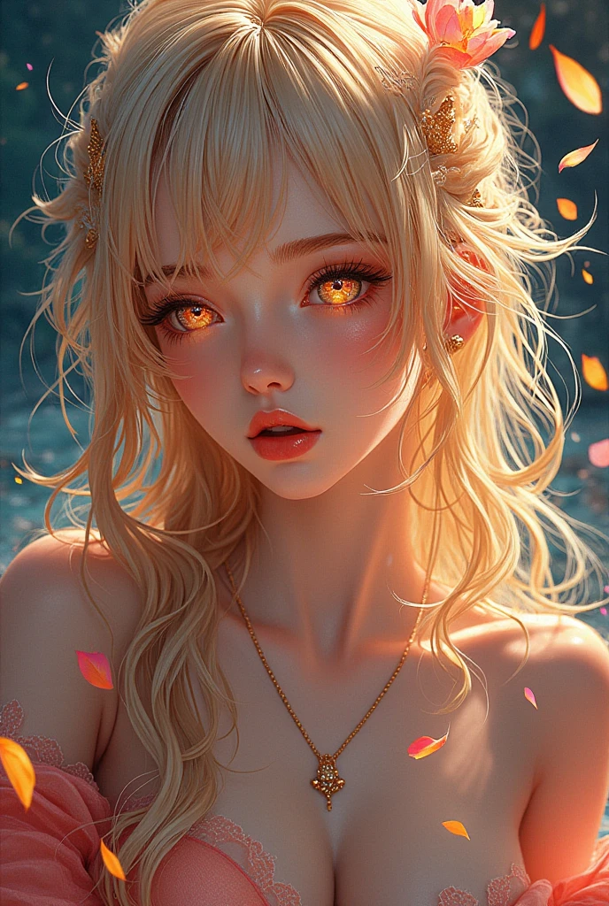 In a mesmerizing cascade of color and light, an enchanting anime girl sexy big titis candroites viewers with her ethereal beauty. Her delicate features are framed by cascading locks of shimmering long golden hair, her wide, expressive eyes big orange red radiating with emotion. A digital painting brings this stunning character to life, depicting her in intricate detail with a seamless blend of realism and fantasy. Every brushstroke and pixel showcases the artist's skill and dedication, making this image a