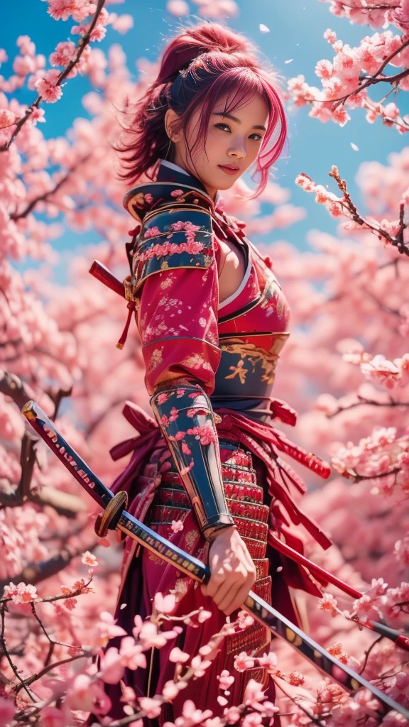  Sexy female character wearing red armor as a warrior from the Sengoku period 、((very short hair))、((Hot pink hair))、((toned body))、(glistening skin)、 ( embarrassed smile ,  your expression when you feel intense caress,  Expression When Feeling Pleasure)、 toned body、((huge breasts sagging breasts))、Big Breasts、 plump thighs、 The pink armor with a plum blossom pattern engraved on it is a bikini type and is designed to emphasize chest exposure、(  wearing a plum blossom patterned cape )、peplum skirt、Red shin guard with plum blossom engraved on it 、Pink high-leg underwear 、Red tights 、 absolute domain、Inverted skirt、((look at viewer)) 、((holding katana))、Draw your sword、Iai、Dramatic lighting、((Clear Sky Thunderbolt))、(( Plum blossoms in full bloom in the background ))、(( Large plum blossoms in full bloom on the front ))、 cinema-like scene  、 Max Image、 Ultra High Definition、8k、masterpiece、