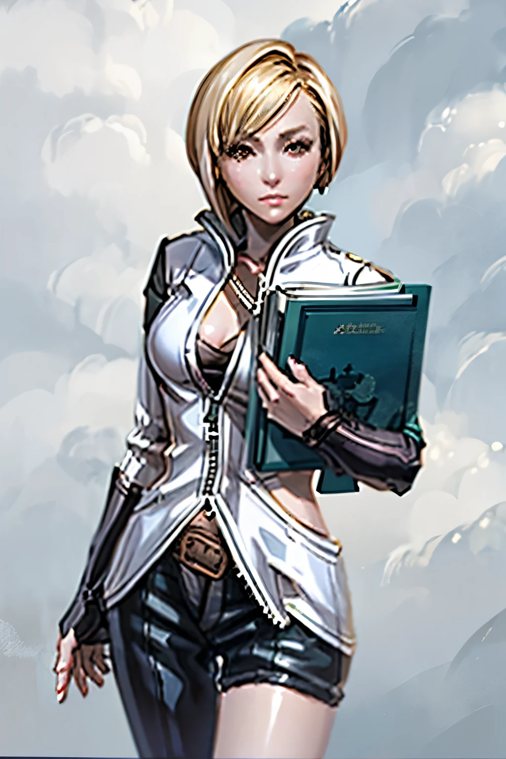 anime girl short blonde hair with a book, natalie from epic battle fantasy, extra detail more details, female protagonist 👀 :8, et in arcadia ego, extra details, from final fantasy, kda, cutscene, video game cutscene, promo art, oppai, from xenoblade chronicles, final fantasy 1 2 style, female protagonist
