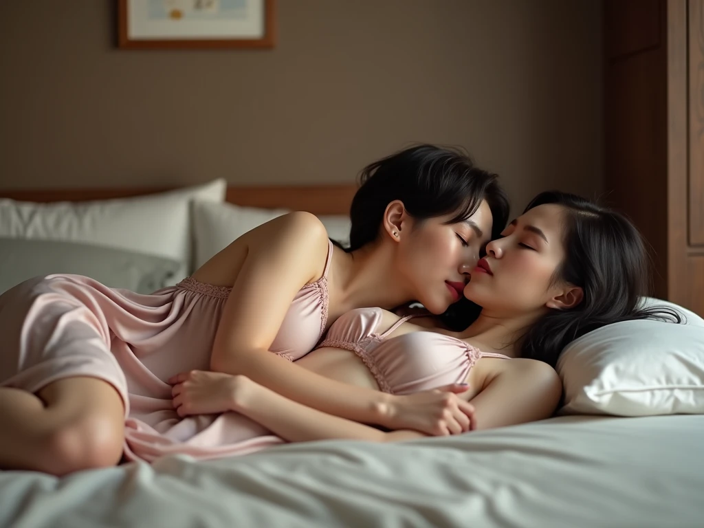 (high resolution, ultra-detailed, photorealistic), ((half body:1.4)) photo of sjang and her identical twin, lying down on bed, cuddling, ((kissing:1.4)), realistic faces, (bedroom:1.2), romantic, soft lighting, vibrant colors