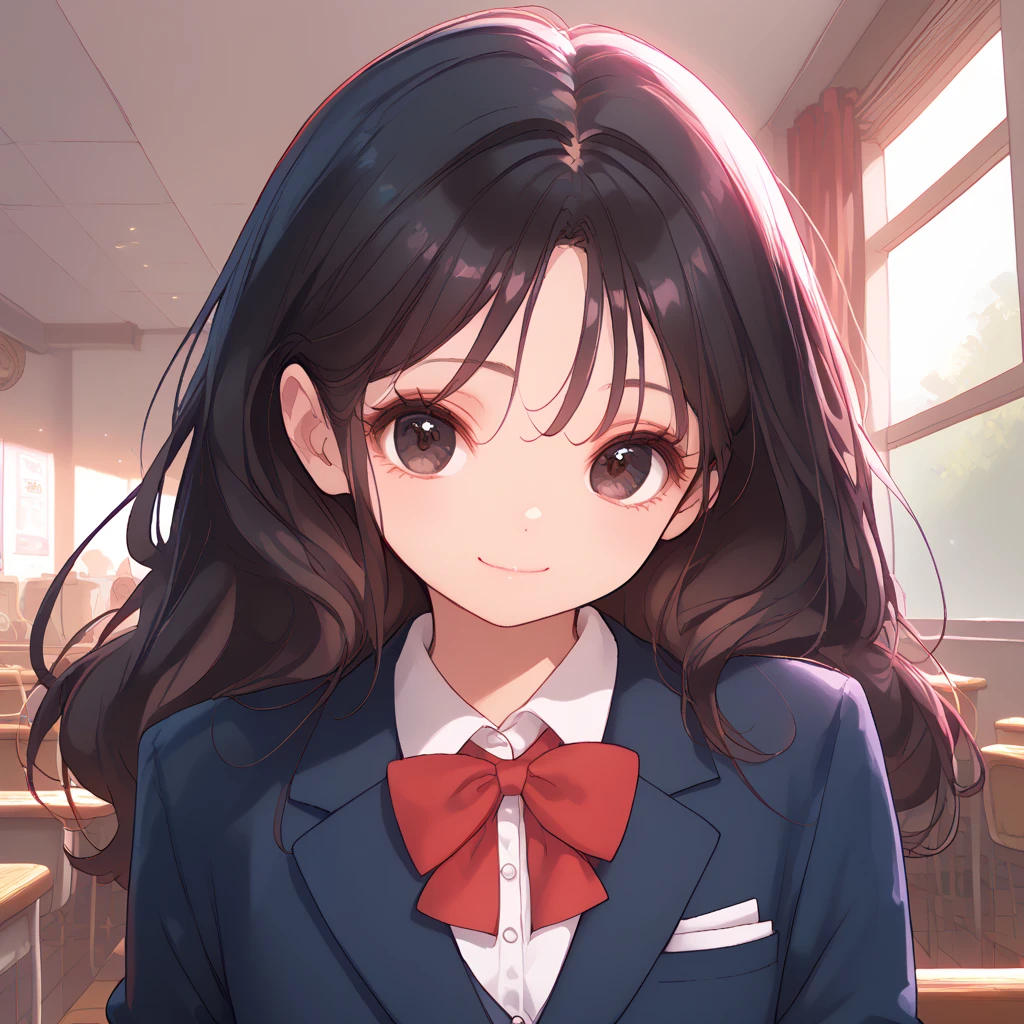   top quality, (15yo:1.0),  black hair, bright hair, long hair, school uniform, Unbreakable fingers,  top qualityの指, smile,  closed mouth, Dark Eyes,  blazer, Navy blue clothes,  Red Ribbons , ish, Round eyes, small, indoors,