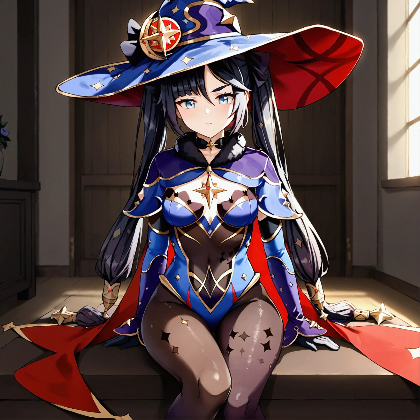 m0n4, long hair, black hair, twin tails, bangs, blue eyes, witch hat, pantyhose, choker, blue leotard, black gloves, detached sleeves, cape, Sit, Room, Displeased face, Beautiful view, good atmosphere