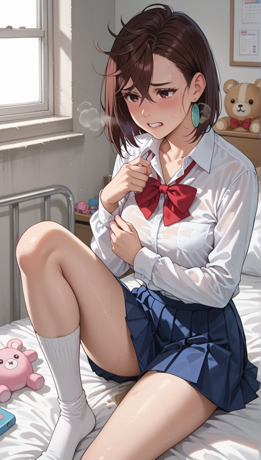 Ayase Momo,  The taste of    , mid-length hair ,  brown hair,, Tears,shy, gritting the teeth 、 heavy breathing 、 medium breasts, Collisions,  red bow tie,  long sleeves , blue skirt,  pleated skirt ,  Light blue shorts  、Sweat,  school uniform , toys,  collared shirt , white shirt, alternative costume, wide socks,  white socks ,of release、pee,Single bed、 simple room、