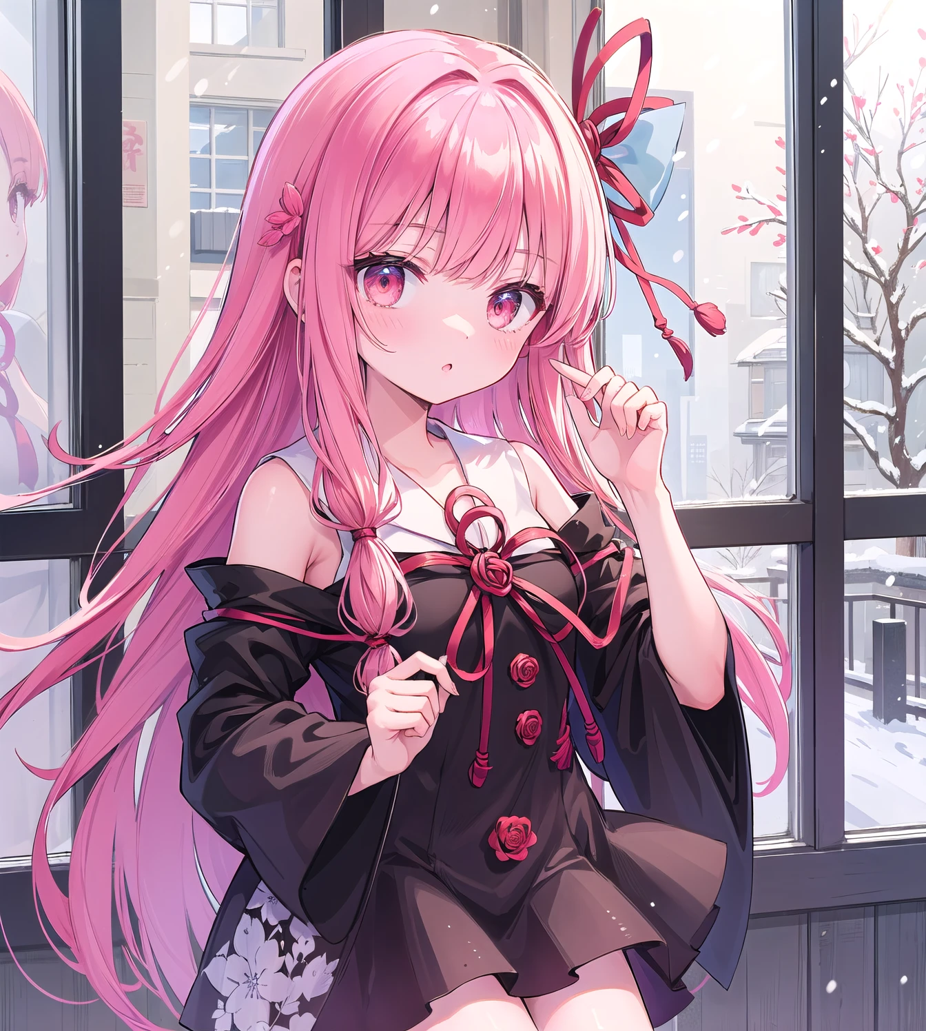 (masterpiece, Highest quality:1.2),One person, Kotonoha Akane,((hair ribbon:1.2)),((outside a window:1.3)),have snowfall:1.3,,Hair ribbon paper,Black Dress,Wide sleeves,Exposing shoulders,Pink Hair