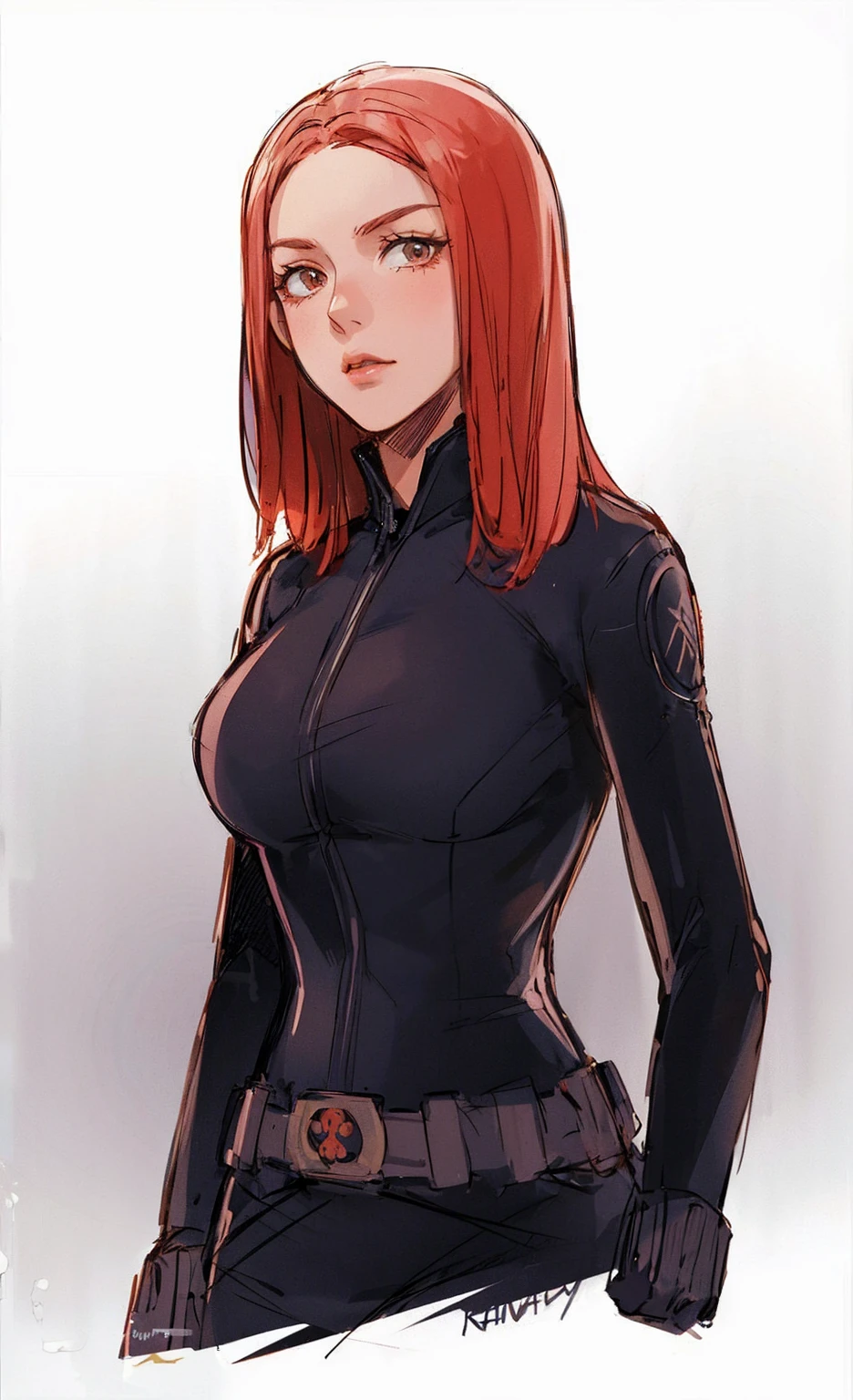 The image depicts Black Widow. She is illustrated with long, bright red hair and blue eyes, and is clad in a sleek skin-tight shiny black latex bodysuit with a silver zipper running down the front. The suit is complemented by her shiny iron wrist guard on both wrists and a metal belt with a buckle that features a red hourglass mark. Her gaze is intent and directed off-screen, implying alertness and focus on an unseen threat or target. She appears with a cute smile on her face. The atmosphere of the image conveys confidence and resilience, characteristics synonymous with the Black Widow persona. The background of the image is an off-white color, which creates a subdued and timeless ambiance.
