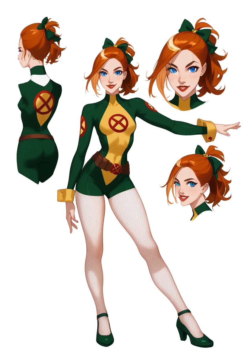 ((full body shot)) Rogue - Marvel , ((character design sheet)), masterpiece, best quality, highly detailed, score_9, score_8_up, score_7_up, score_6_up, anime font,BREAK , 2girl, long hair, blue eyes, flower, hair bow, small breasts, bow, looking at viewer, freckles, parted lips, smile, full body, red lips, lips, side front, she looks at you, your gauze hurts, fishnets, white background, neutral cast, dance pose
