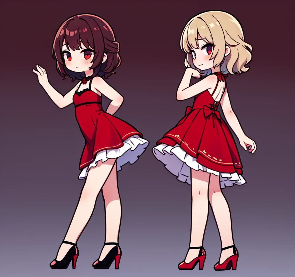  short fibers, Curly hair, Red dress, fitting dress, Short dress, High heel shoes, sexy poses, Friday Night Funkin Girl , only side view, standing straight 