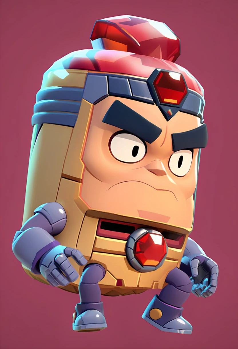 a red cylindrical robot (with small arms and legs), humanoid face, red diamond on the forehead, big eyebrows, menacing look, its brain is visible under a transparent glass bell in its skull, brawl 