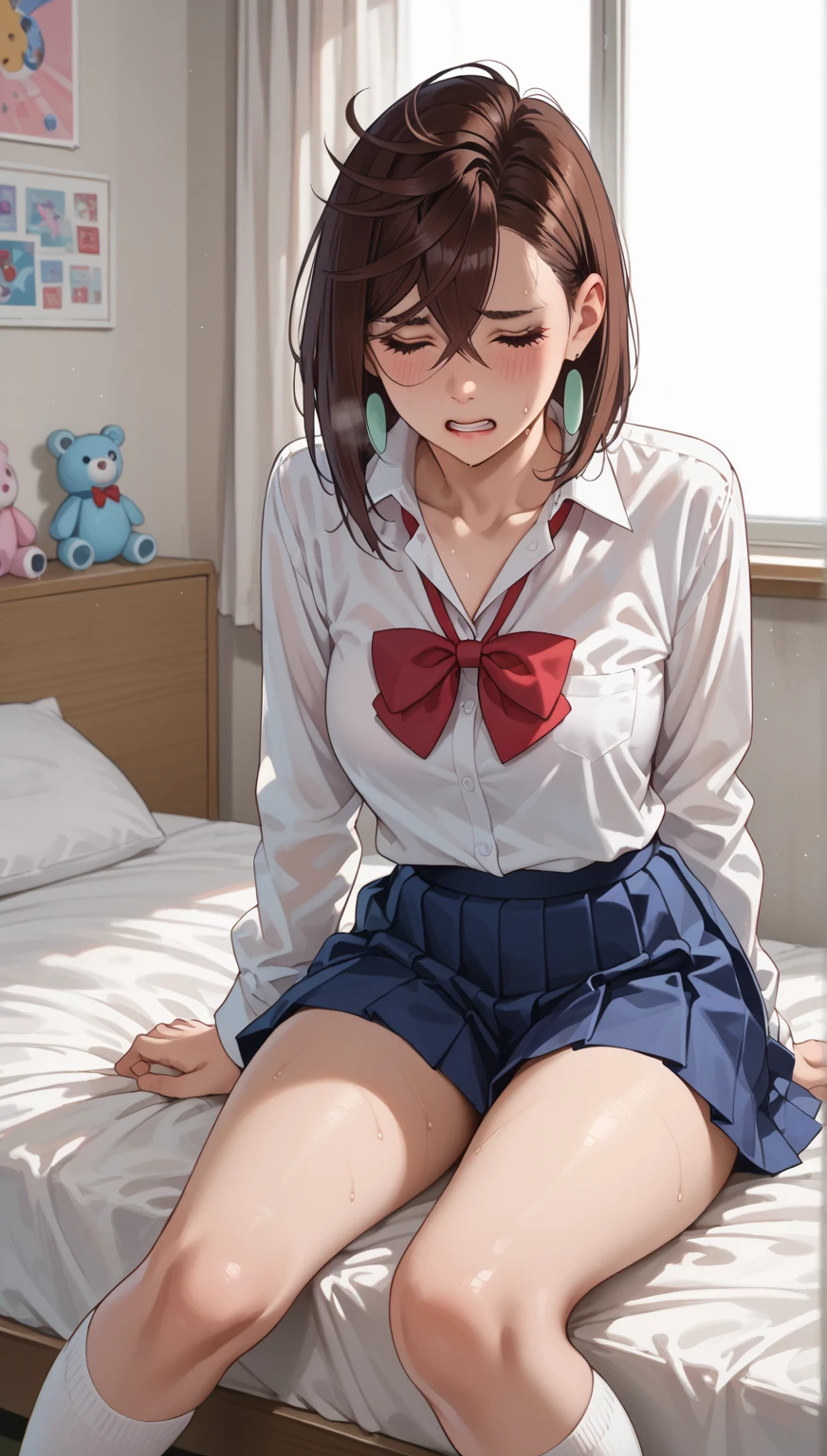 Ayase Momo,  The taste of    , mid-length hair ,  brown hair,, Tears,shy, gritting the teeth 、 heavy breathing 、 medium breasts, Collisions,  red bow tie,  long sleeves , blue skirt,  pleated skirt ,  Light blue shorts  、Sweat,  school uniform , toys,  collared shirt , white shirt, alternative costume, wide socks,  white socks ,Of liberation ,Single bed、 simple room、