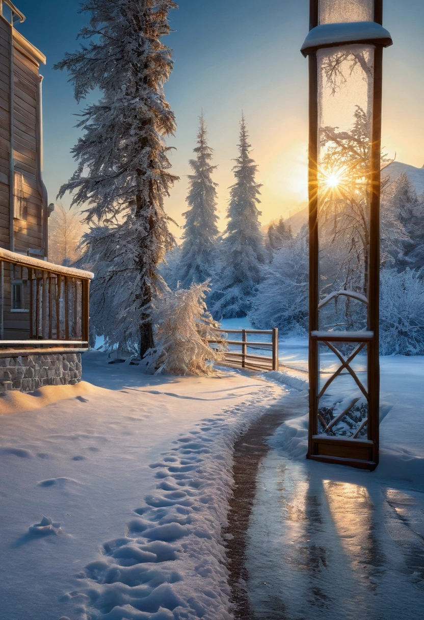 (Best quality,4K,8K,A high resolution,Masterpiece:1.2),Ultra-detailed,(Realistic,Photorealistic,photo-realistic:1.37),Winter theme,landscape,Refreshing and cool color,soft and warm lighting,Icy atmosphere,golden rays of sunlight,Icy reflections,Snow-covered mountains,Sparkling snowflakes,Evergreen tree,Melting icicles,Tranquil lake,Peaceful silence,Gentle breeze,A touch of magic,Nostalgia,Artistic brushstrokes,subtle texture,Fine details,Detailed foreground elements,Sublime horizons,Prominent perspectives,Vibrant brushstrokes,Layered composition,Vivid winter tones,Carefully crafted balances,A sense of dramatic depth,Tranquil winter scene,Ethereal beauty,A classic winter wonderland,Vibrant winter fantasy,Skillful craftsmanship,Superb artistry,Fascinating winter stories,Superb use of light and shadow,Dreamlike atmosphere,Elegant movement in the wind,One with nature,An alluring sense of adventure,Majestic and intimate,Winter hugs,Instantly frozen in time，In the distance, there is a vague figure of a person's back