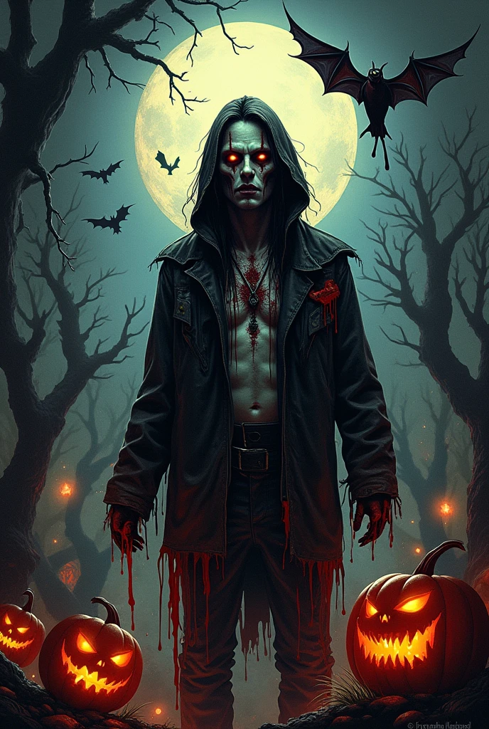 Scary people on Halloween night with rain and lots of blood with dead people on the ground