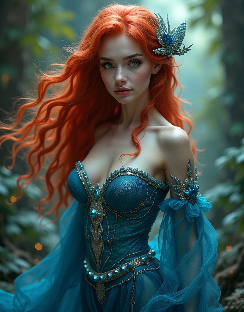 Red-haired snake woman,with blue clothes and silver and blue diamond details,fully body