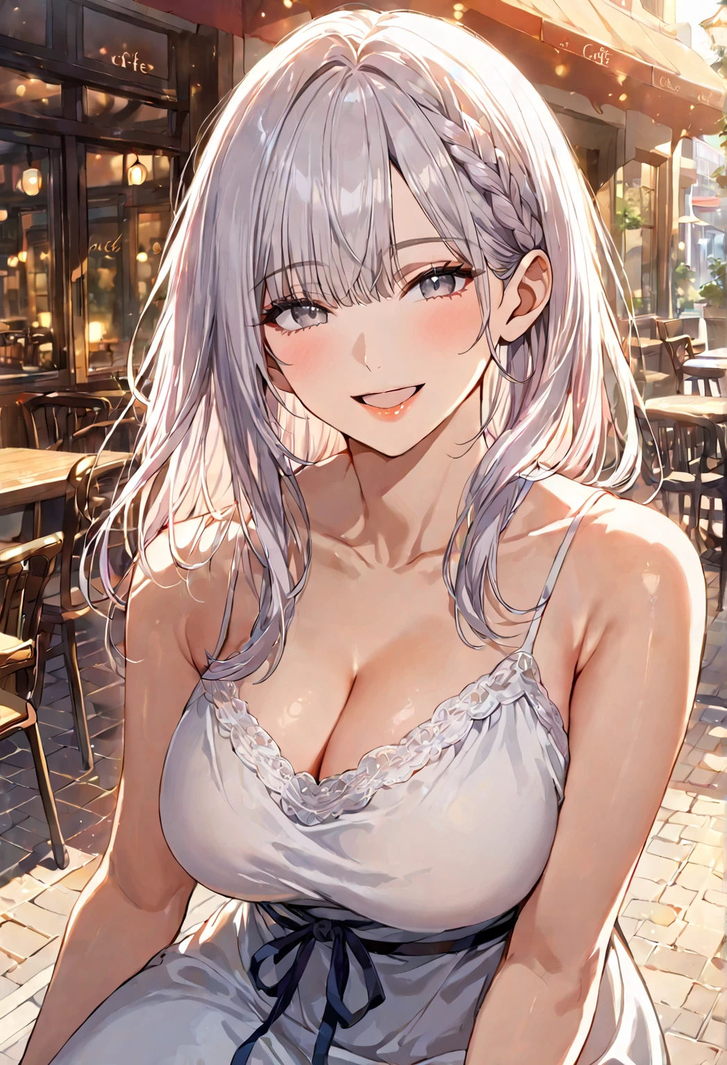 shoujo-style, masterpiece, best quality, 1 girl, (solo:1.1), huge breasts, gray eyes, side braid, bangs, white hair, colored eyelashes, white camisole maxi dress, ((open mouth)), ((smile)), Narrow shoulders, warm light, looking at viewer, parted lips, half body shot, sitting, cafe, outdoor cafe,