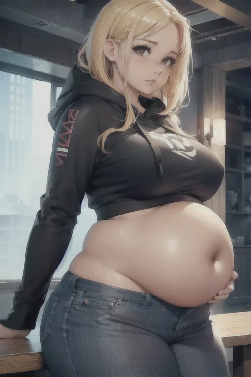 Fat blonde, (blonde hair, tied up, messy bun hair),leather jacket, jean shorts, (fat girl sitting and rubbing belly), round stomach, stressed face, red face, moaning from pain, moaning, navel, midriff, fatty, 1girl, plump, chubby, curvy, chubby girl, belly, big belly, fat belly, large stomach, night sky background, (best quality,4k,8k,highres,masterpiece:1.2), ultra-detailed, (realistic,photorealistic,photo-realistic:1.37), HDR, UHD, studio lighting, ultra-fine painting, sharp focus, physically-based rendering, extreme detail description, professional, vivid colors, bokeh, portraits, photography, concept artists, colorful, fairy tale, soft and dreamy lighting, sparkling stars and constellations, peaceful and calm atmosphere, luminous moonlight
