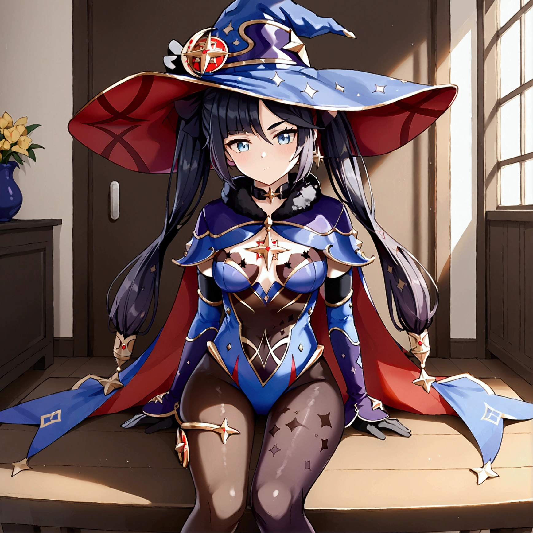 m0n4, long hair, black hair, twin tails, bangs, blue eyes, witch hat, pantyhose, choker, blue leotard, black gloves, detached sleeves, cape, 1girl, Sit, Room, Displeased face, Beautiful view, good atmosphere