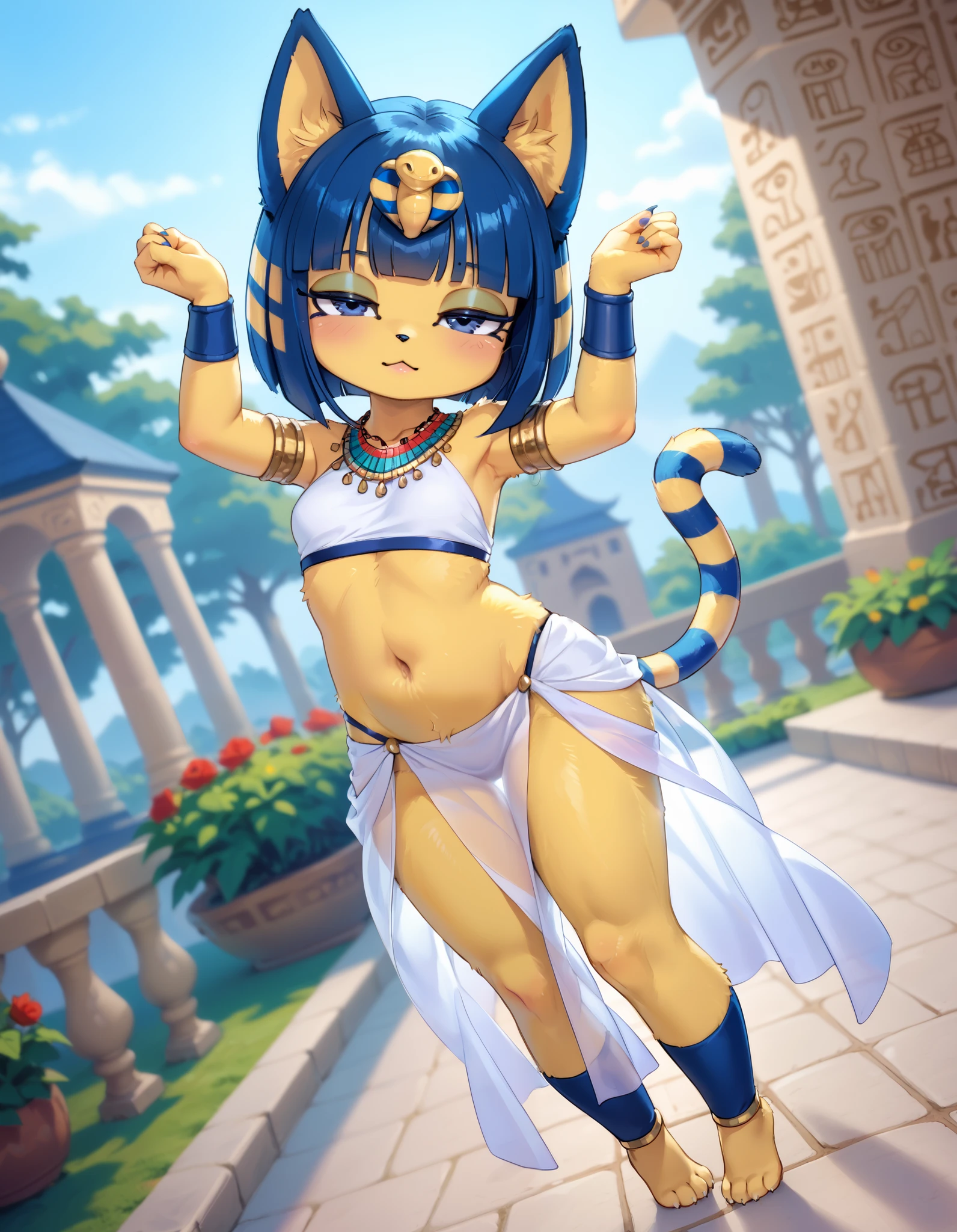 [isaCrossing], [Ankha; Animal Crossing], [Uploaded to e621.net; (Pixelsketcher)], kemono, dagasi, solo female ankha \(animal crossing\) with ((cute and short body with homogenous yellow fur)), ((cute body)), (full body), (dutch angle), (blue hair), (blue eyes), (half closed eyes), (yellow and blue striped cat tail), ((anthro furry)), ((wearing sexy white belly dancer clothes)), (egyptian necklace), ((small breasts)), (detailed fluffy fur), (dancing with hands above head), (seductive pose), (relaxed expression), (detailed background, outdoors, night garden background, depth of field, half body shadow, moonlight, ambient light on the body), (intricate:1), (high detail:1.3), (unreal engine:1.2), (soft focus:1.15), [explicit content, questionable content], (masterpiece, best quality, 4k, 2k, shaded, absurd res)