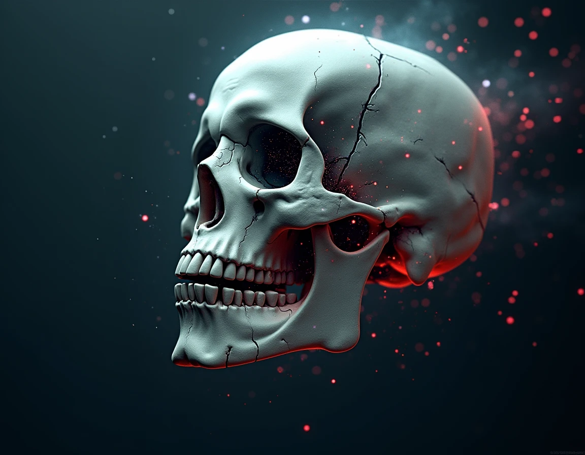 Create an image of a skull with the brain exposed, in a cyberpunk environment and white and neon pink colors with blue gray and a high contrast dark background
