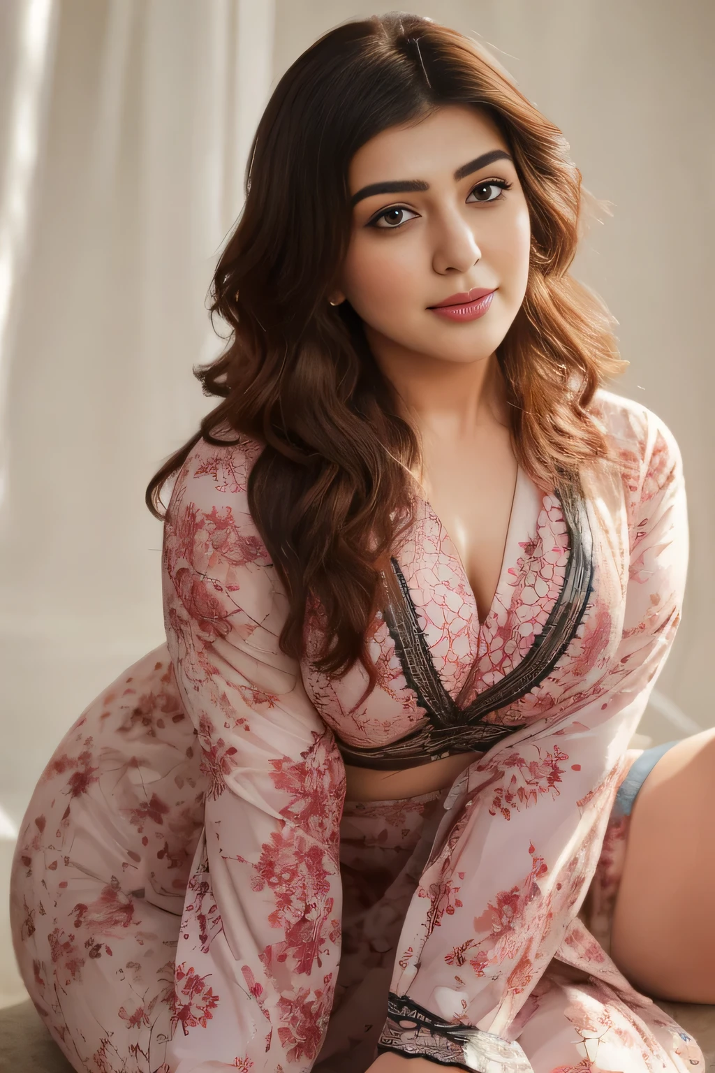 Create a portrait of a bold and confident Hansika motwani with a curvy figure, n Tokyo Talkies Floral Printed payjama salwaar, perfect curvy model, curvy figure, beautiful face, details eyes, details face, no extra hand or legs, different angle, proper picture, beautiful face, details eyes, perfect figure,