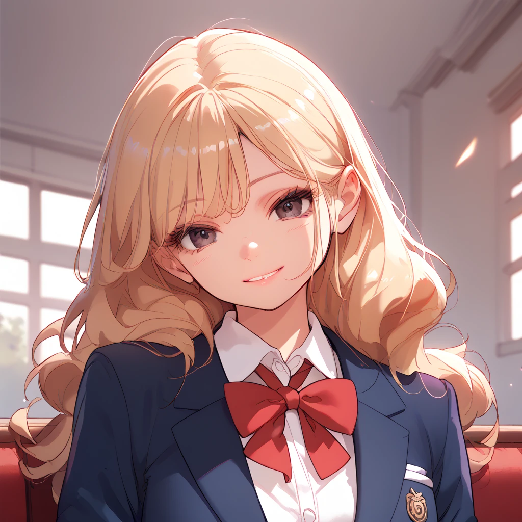 Anne Chatelaine, (yo:1.0),blonde hair, bright hair, long hair, (light smile), school uniform, a seductive smile, indoors, Dark Eyes,  blazer, Navy blue clothes,  Red Ribbons ,