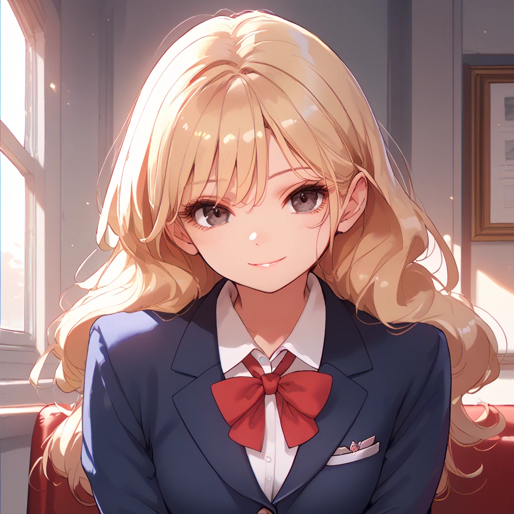 Anne Chatelaine, (yo:1.0),blonde hair, bright hair, long hair, (light smile), school uniform, a seductive smile, indoors, Dark Eyes,  blazer, Navy blue clothes,  Red Ribbons , ish,