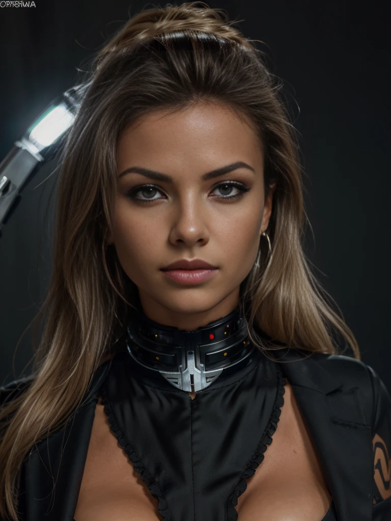 Limda mulher com (human head wearing black suit | cyborg head wearing black suit:1.2), wearing massive metal collar, parte superior do corpo, HDR , cinematic lighting, UHD, retina, masterpiece, accurate, anatomically correct, textured skin, super detail, high details, high quality, award winning, best quality, highres, 16k, 8k,