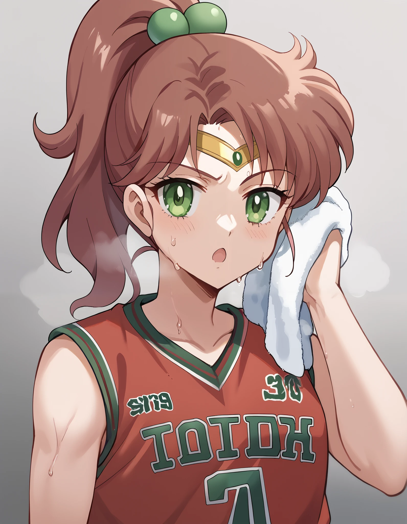 score_9, score_8_up, score_7_up, source_anime, makoto kino, brown hair, circlet, green eyes, hair bobbles, hair ornament, medium hair, ponytail, sidelocks, parted bangs,, basketball uniform, basketball jersery, sportswear, jersey, shorts, sleeveless,, audience, gym, sweat, open mouth, steam, wiping sweat, towel, holding, sweat, holding towel, looking at viewer, open mouth,, cowboy shot, out of breath