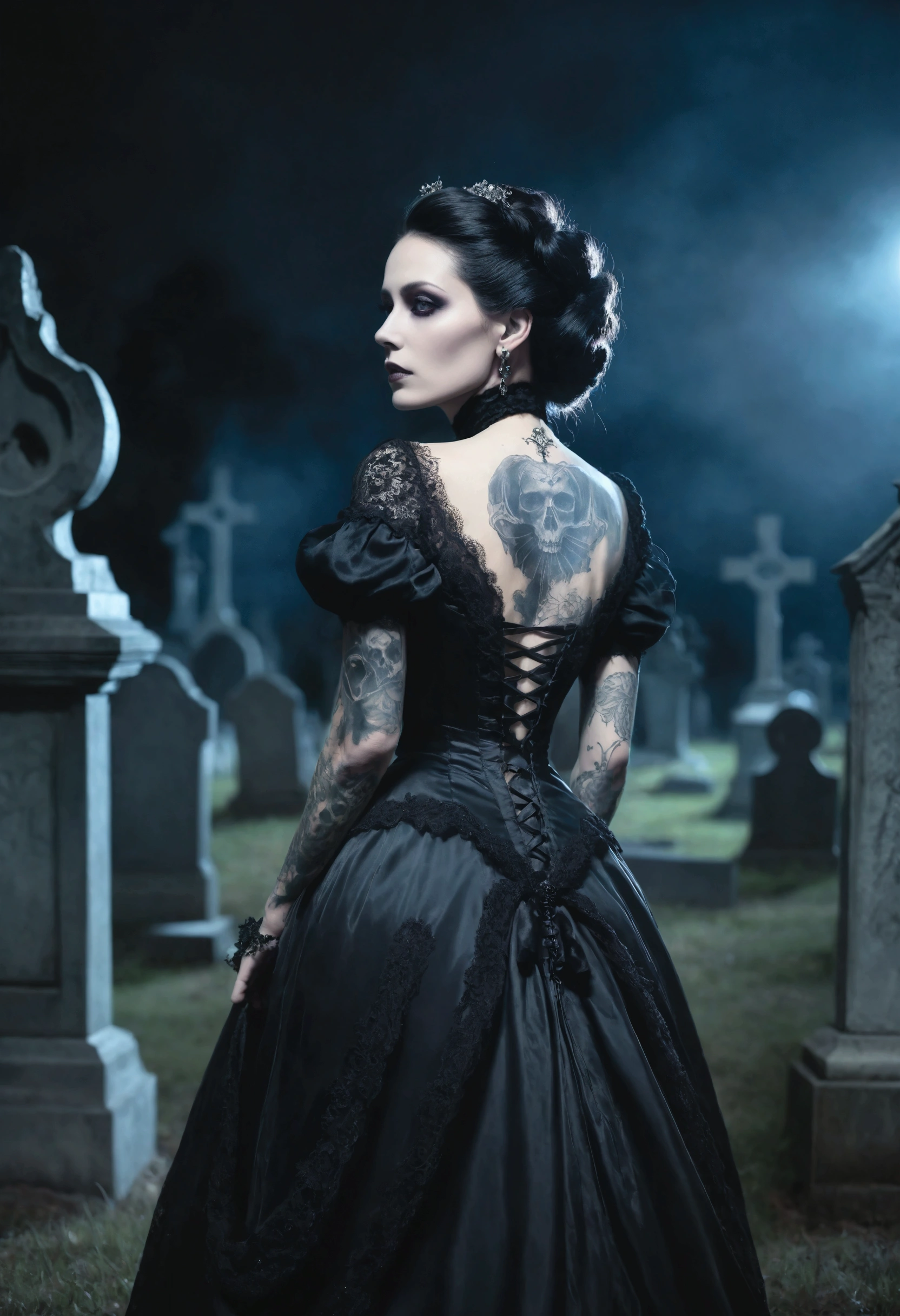 A beautiful woman, hourglass figure, large breast , long black hair, black lipstick, blue eyes, seductive Goth style with Goth jewelry, wearing a (ornate Victorian corset in Duotone [red and black] style:1.3), standing in a cemetery at night under a full moon with heavy fog, (full body:1.3), hyper realism, 8k high definition, vibrant colors, sharp focus, insanely detailed