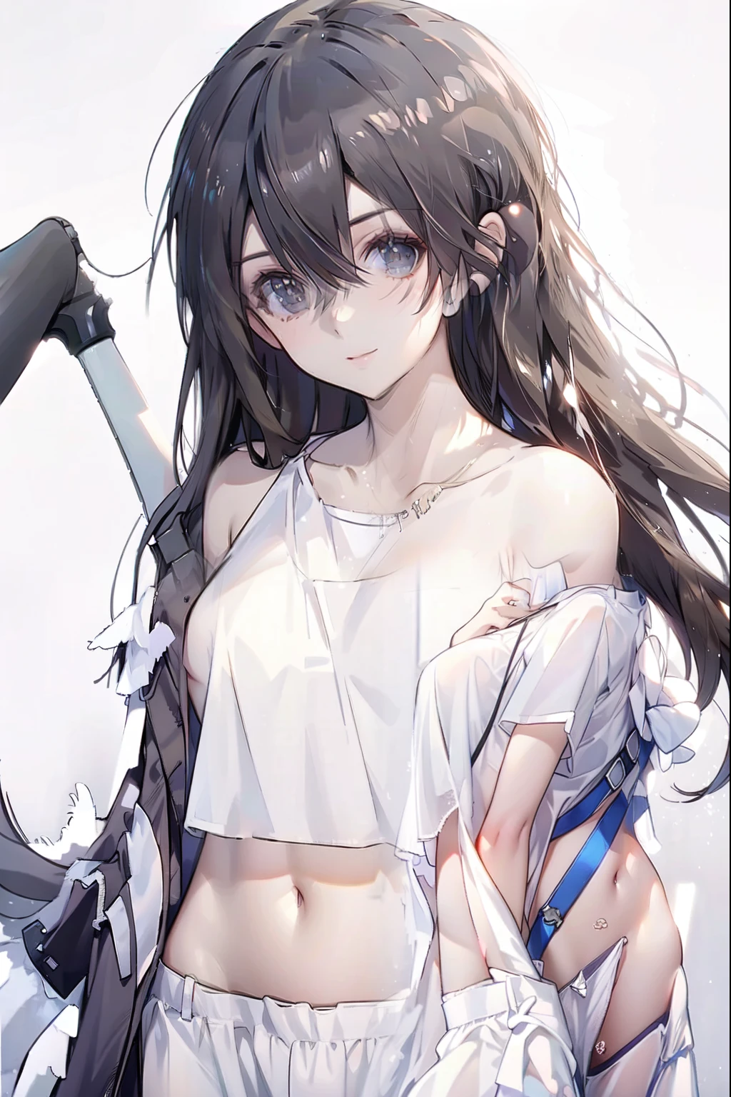  best quality,  High Res,slim、 Brown Eyes 、High target、 dark hair、(Long hair:1.3), Straight Hair 、7 Life Size 、Navel exposed、 White Short Sleeve Tee
Ong hair，Female Kirito ，Big breasts(d), Chest, 