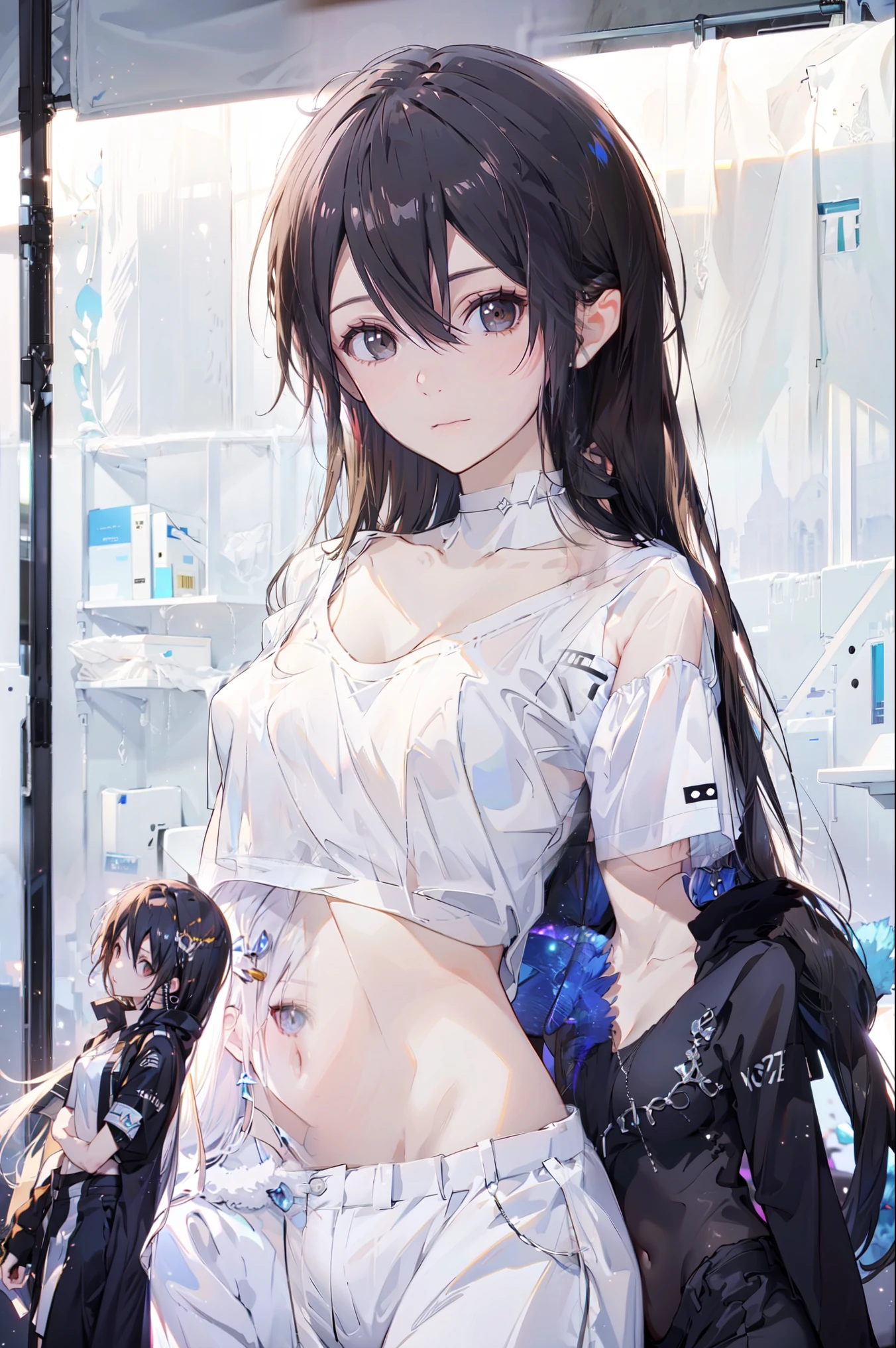  best quality,  High Res,slim、 Brown Eyes 、High target、 dark hair、(Long hair:1.3), Straight Hair 、7 Life Size 、Navel exposed、 White Short Sleeve Tee
Ong hair，Female Kirito ，Big breasts(d), Chest, 