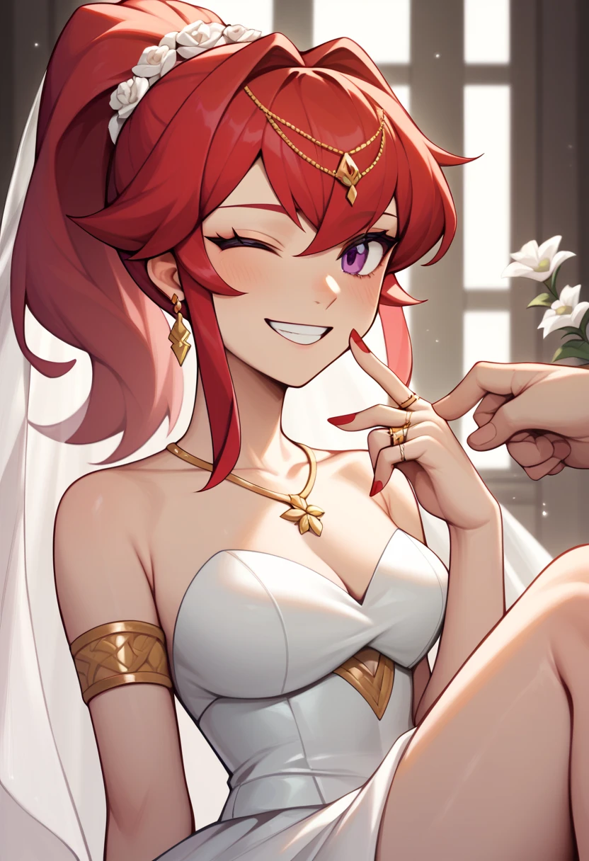 Mars, red nails, smiling, red hair, ponytail hairstyle, purple eyes, gold earings, gold brasalet,  winking one eye, white wedding dress, white flowers in hand, veil on hair,  ring on finger, showing leg,