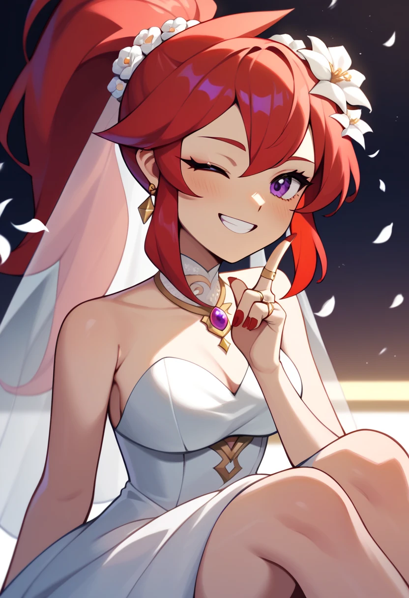 Mars, red nails, smiling, red hair, ponytail hairstyle, purple eyes, gold earings, gold brasalet,  winking one eye, white wedding dress, white flowers in hand, veil on hair,  ring on finger, showing leg,