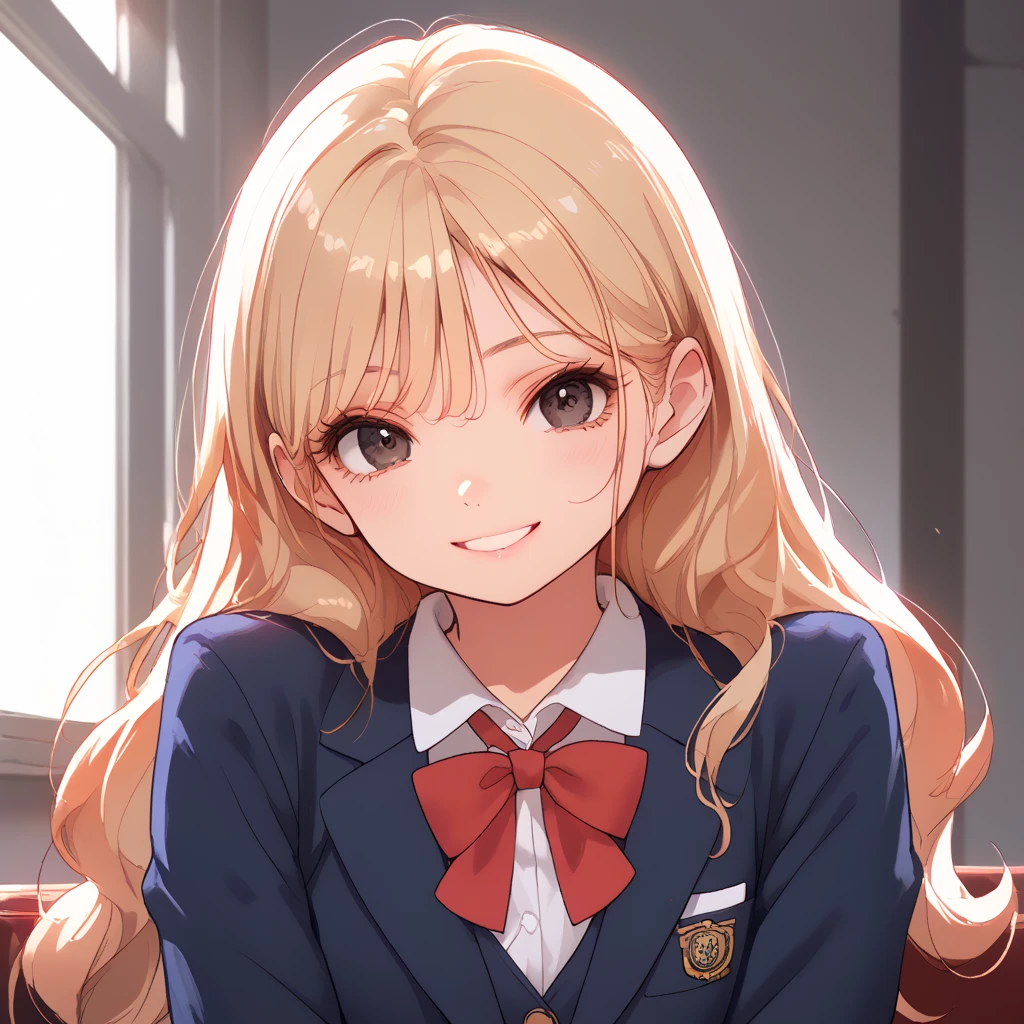  top quality, Unbreakable fingers,  top qualityの指, 1 girl, Anne Chatelaine, (14yo:1.0),blonde hair, bright hair, long hair, school uniform, in school, seductive smile, Dark Eyes,  blazer, Navy blue clothes,  Red Ribbons , (small), indoors,Grown up smile,Cold Eyes,