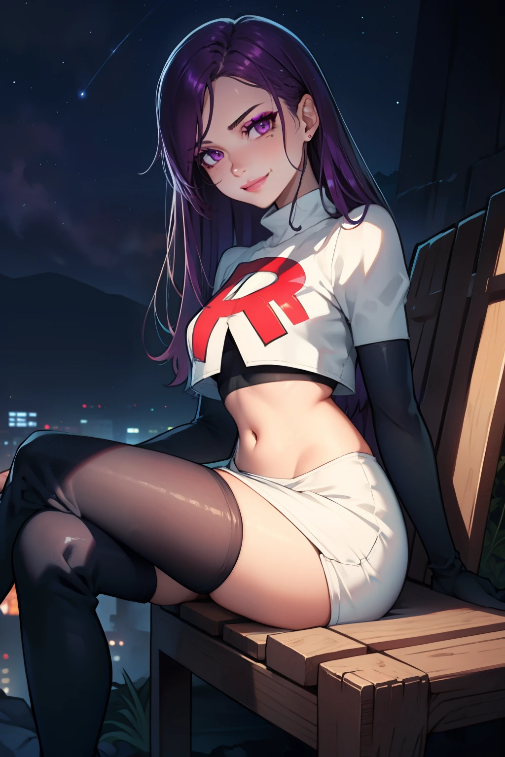 ivy fe purple eyes, purple hair, mole, lips, makeup, mole under mouth, team rocket uniform, red letter R, white skirt,white crop top,black thigh-high boots, black elbow gloves,evil smile, looking at viewer, cowboy shot, sitting down legs crossed, night sky background