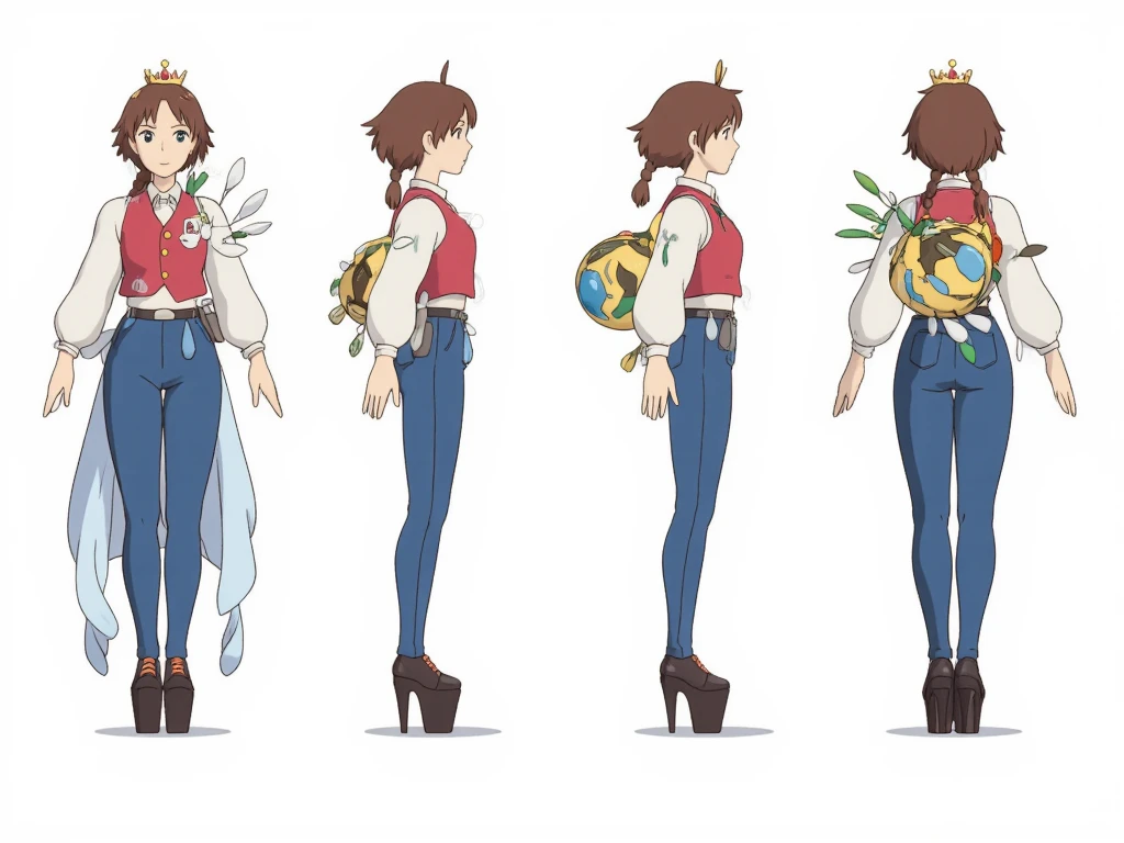 Daria has short brown hair braided into pigtails and gathered in two bunches on the sides of her head, a slender and fragile build with a thin waist, fair skin and dark turquoise eyes. Dasha is taller than all the other tsarevnas. On the left side of her head, behind her bundle is a small gold crown with painted designs and small rubies attached. The tsarevna has gold earrings - in the shape of droplets. Daria wears a white blouse and a red vest with gold buttons and has a science symbol on the left side. Daria also wears blue pants and dark brown high-heeled black platform shoes with orange laces. Character sheet. A thirty year old woman.