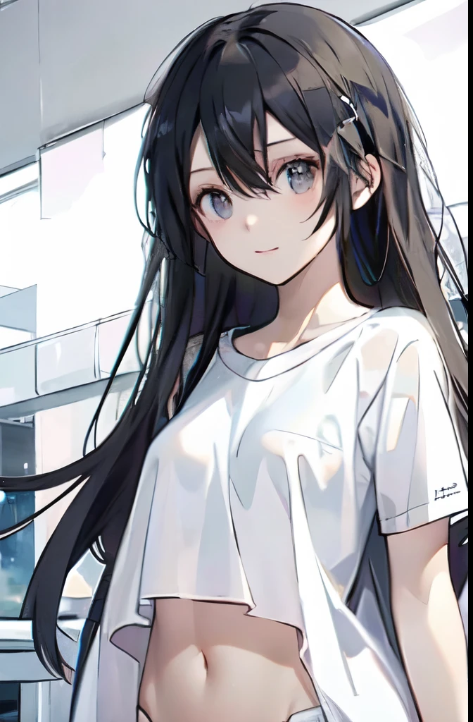   are of the best quality,   high resolution,、  Brown Eyes  、High Aims、 Black Hair、( long hair:1.3),  Straight Hair  、7 Really Small  、Navel、  White Short Sleeve Tee
Ong hair，Female Kirito  ， big breasts (d), Chest, 