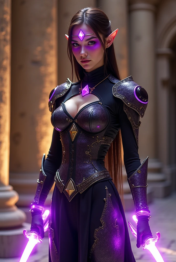 tohkacos, tohkaastral, ((armored dress, shoulder armor, pauldrons, armored gloves, head ornament)), purple hair, large breasts, realistic, upper body, masterpiece, best quality, ultra detailed, highres, official art, illustration, beautiful detailed lens flare, direct sunlight, (wide shot1:1.2), solo, (1girl:1.5),long hair, floating hair,cleavage,masterpiece, blue sky