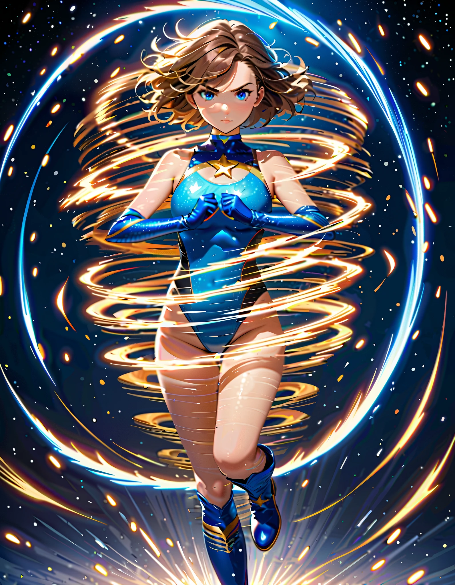((Best quality)), ((masterpiece)), (detailed: 1.4), (Absurd), Gynoid, (((action pose))), glowing skin, perfect body, defined muscles, half-thick bare thighs, closed mouth, only in panties, (((include stars all over the outfit))), muscular body covered by very dark blue and gold clothing, with nebula effect, Genesis evangelion style, cyberpunk, generous neckline, ((perfect medium breasts)), (well-outlined eyes without pupils), ((long and very black eyelashes)), (((dark blue clothing with gold stars))), (((brown hair with locks))), (((rot rod flames covering the breasts)))), (Cosmic tattoo on the arms), short underwear, garter belt, by mucha, niji --V5, close to real, psychopathic, crazy face, sexy pose, 2 piece clothing, pastel, centered, scale to fit the dimensions, HDR (High Dynamic Range), Ray Tracing,NVIDIA RTX,Super-Resolution,Unreal 5,Subsurface Dispersion, PBR Texture, Post-processing, Anisotropic Filtering, Depth of field, Maximum clarity and sharpness, Multilayer textures, Albedo and specular maps, Surface shading, Accurate simulation of light-material interaction, Perfect proportions, Octane Render, Two-tone lighting, Wide aperture, Low ISO, White balance, Rule of thirds, 8K RAW