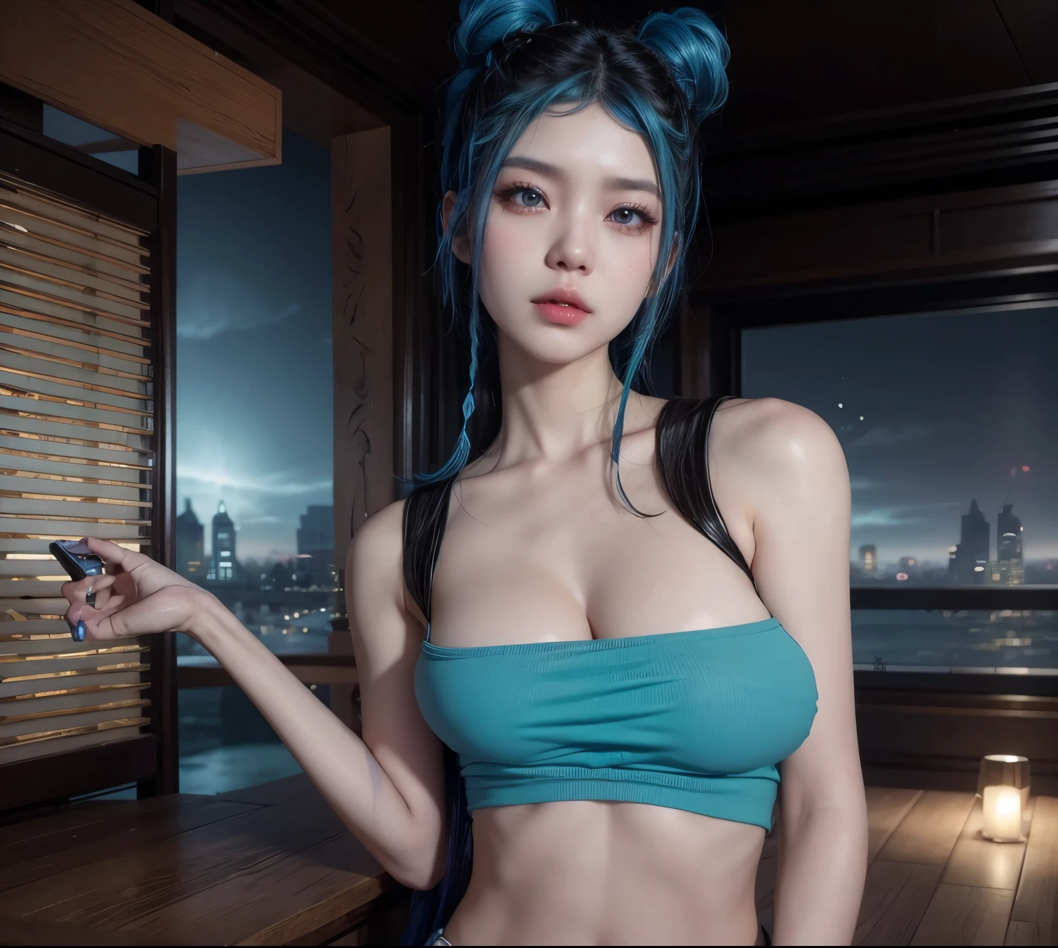 best quality,Limbs、Whole finger、Woman with light blue hair、Wavy hair woman、Beautiful big-breasted woman、Slim beauty、1 female、(((A woman wearing a blue tube top:1.3))), Gold pattern high waist、(((Woman in brown pantyhose)))、A bright smile、Hands on hips