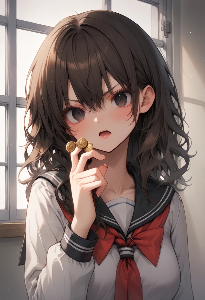 1girl,sincos, ningen mame, toosaka asagi,solo,medium breasts,school uniform,
hypnosis, mind control,looking at viewer,  hand up, coin on string, upper body, brown hair, black eyes,determined, by classroom window, open mouth, disheveled hair,
best quality, very aesthetic, absurdres