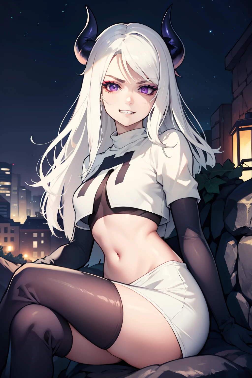 ivy fe purple eyes, white hair, white skin, black lips, makeup, purple horns, white military uniform, black belts, white skirt, white crop top, black knee high boots, black elbow length gloves, evil grin, looking at viewer, cowboy photo, sitting cross legged, night sky background